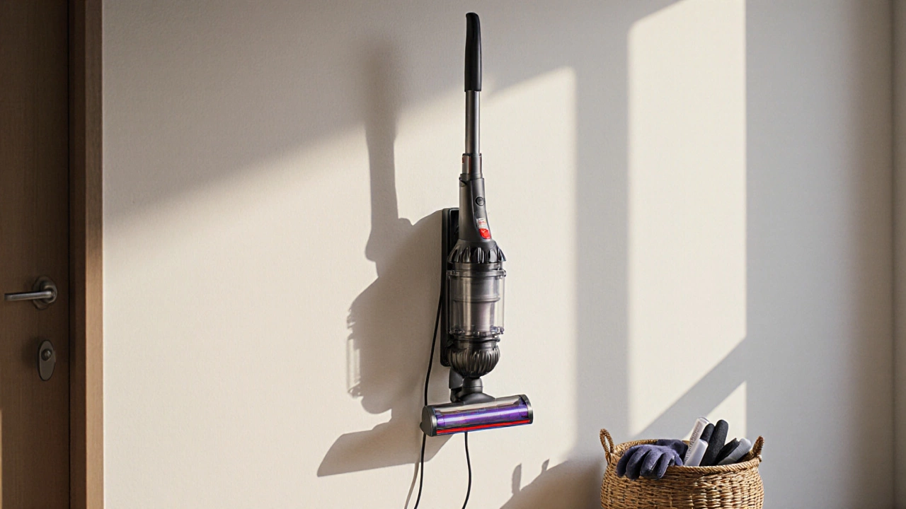 Cordless vacuum on wall-mounted charging dock in entryway, clean and clutter-free.