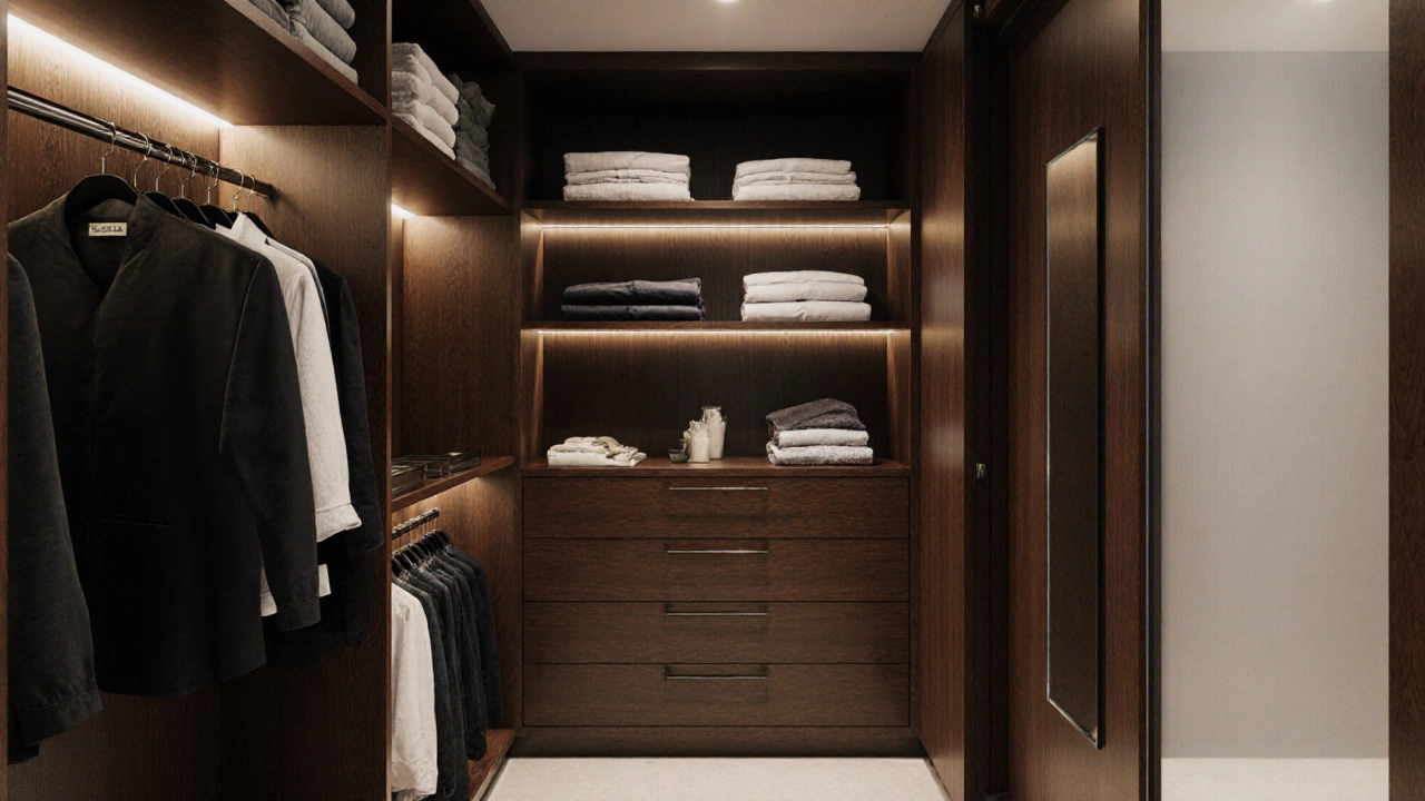 Luxurious walk-in wardrobe with tiered timber shelving and hidden lighting, resembling a boutique spa.