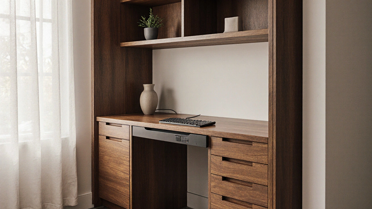 Minimalist home office with built-in timber shelving, hidden tech, and a single plant for calm focus.