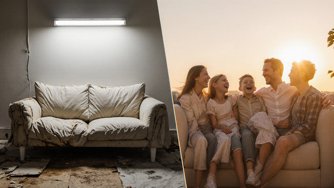 Side-by-side comparison: a cheap, broken sofa versus a premium, well-made sofa with a happy family sitting on it.