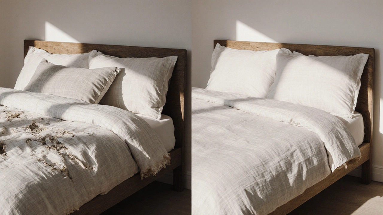 Side-by-side comparison of worn cotton sheets versus durable linen sheets in a bedroom.