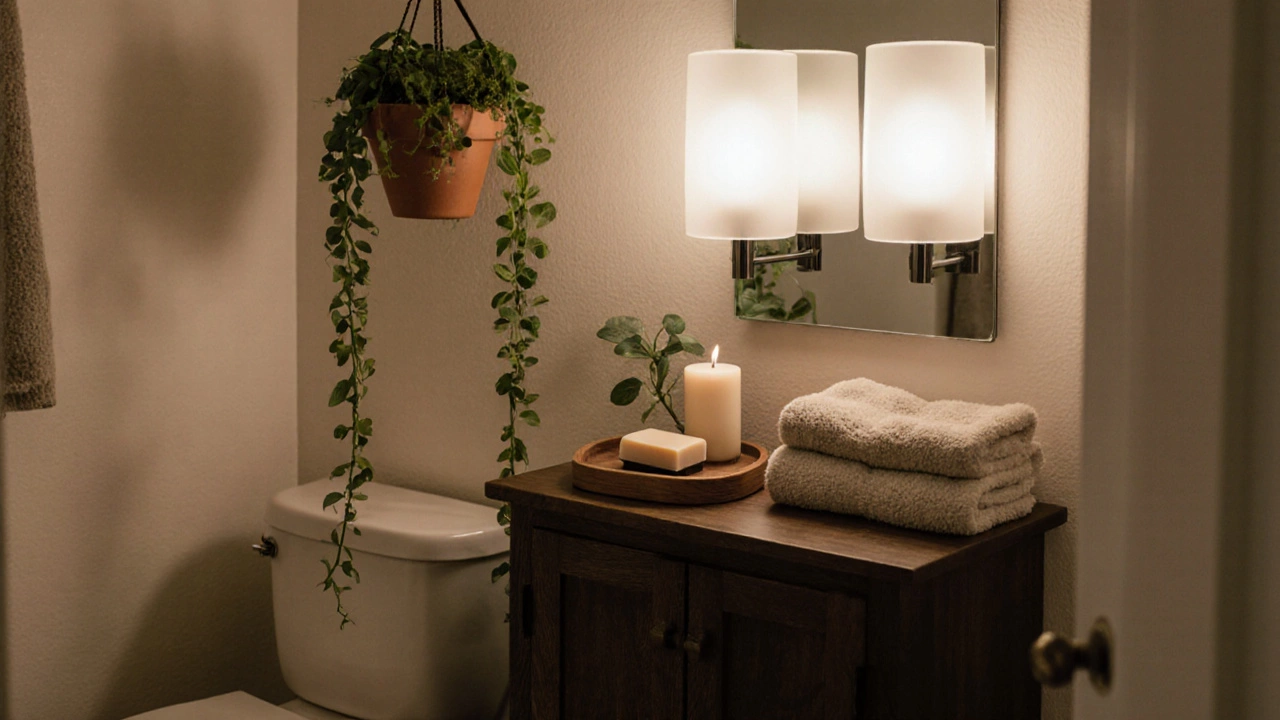 Spa-inspired bathroom corner with wall sconces, wooden tray, candle, and hanging pothos under warm lighting.