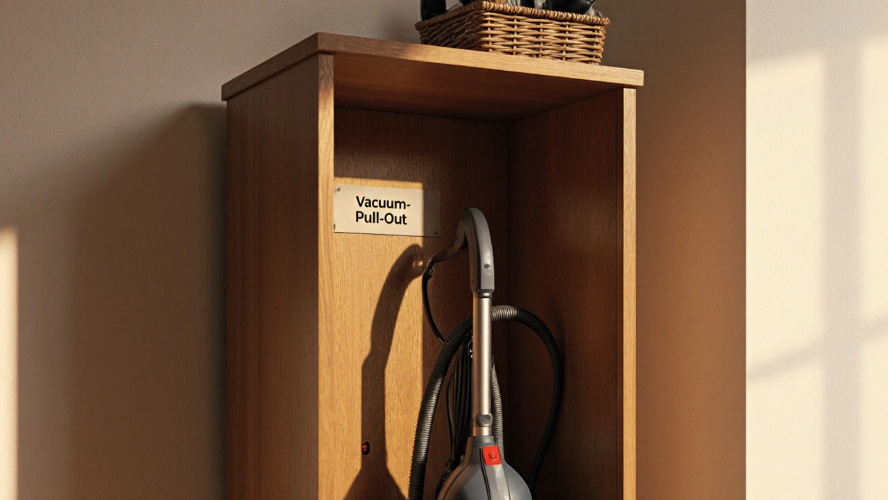 Tall narrow cabinet storing a vacuum upright in a kitchen, cord hidden, attachments on shelf.