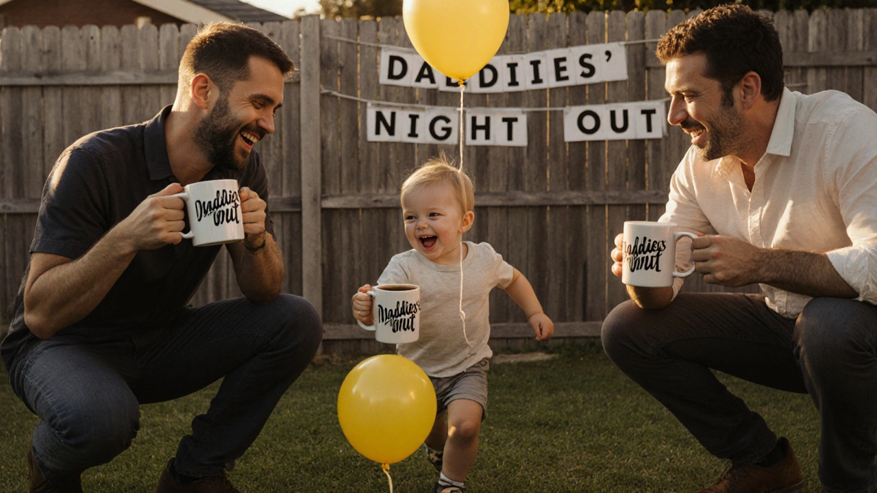 Three men with a child in a backyard, holding &#039;Daddies&#039; mugs during a family gathering.