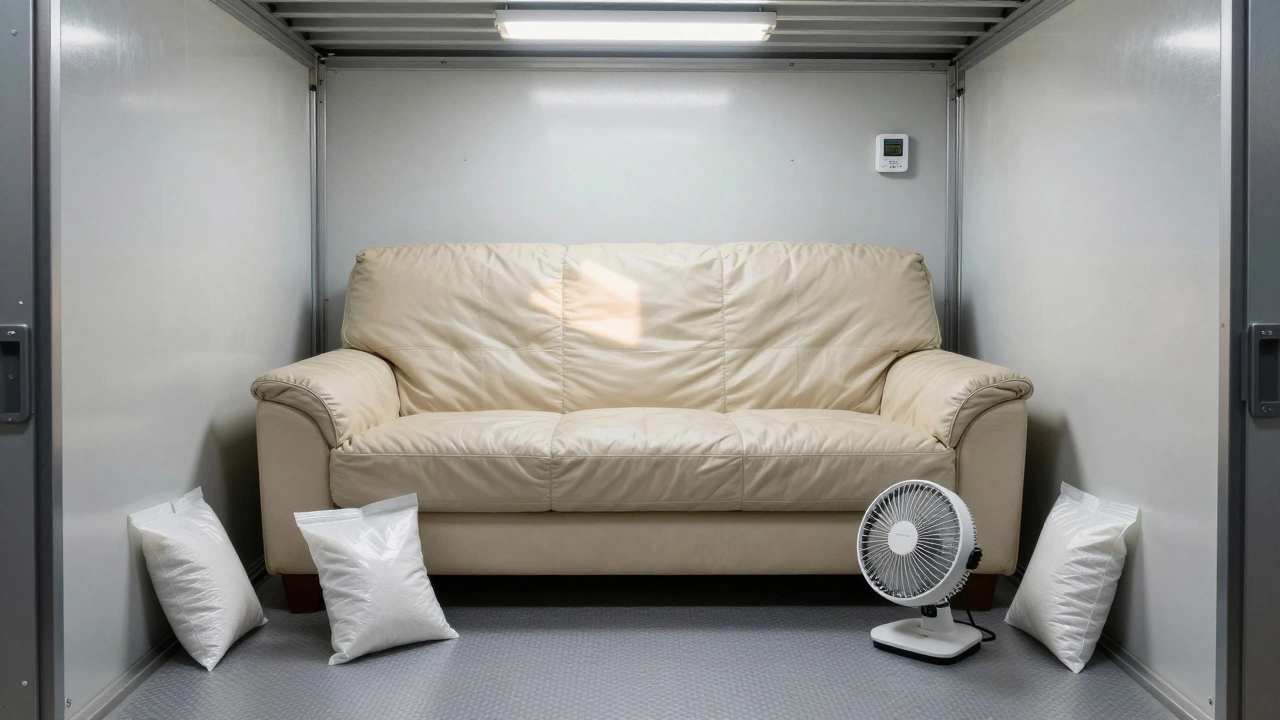 A leather couch in a climate-controlled storage unit with silica gel packs and airflow, covered in a cotton bag, away from walls.