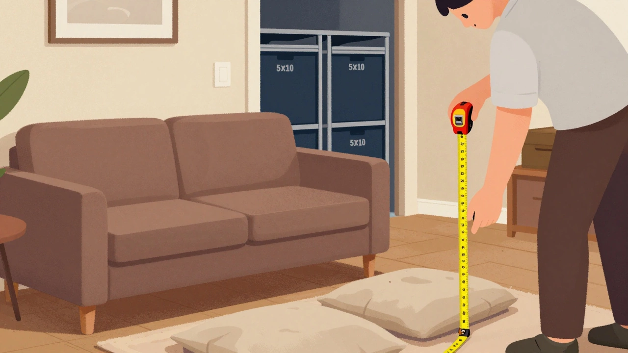 A person measuring a couch with a tape measure, with a storage unit visible in the background and removable couch parts nearby.