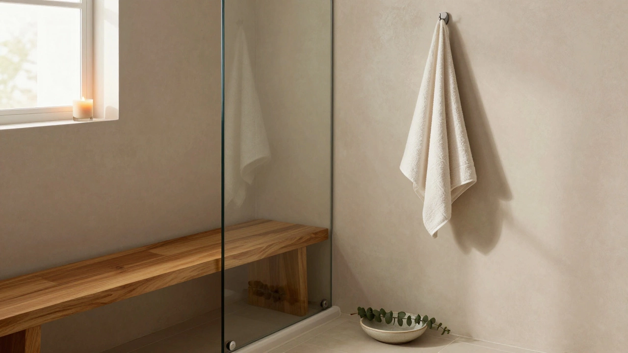 A small bathroom with wooden shower bench, eucalyptus branch, and folded towel in soft natural light.