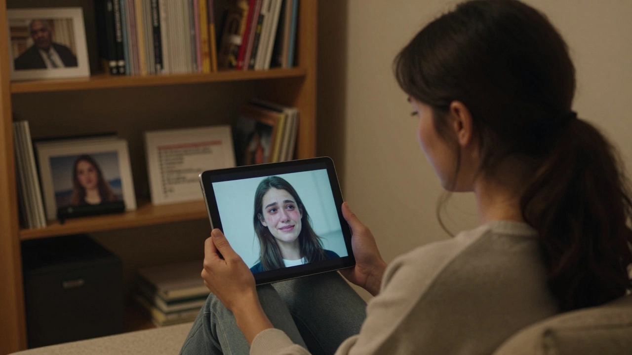 A woman gazes at a tablet showing an AI replica of her dead partner, surrounded by memories of their life.
