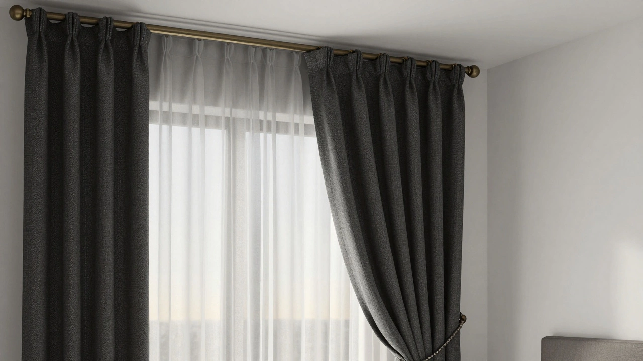 Charcoal blackout curtains with herringbone weave in a modern bedroom, tied back with linen tassel and ceiling-mounted rod.