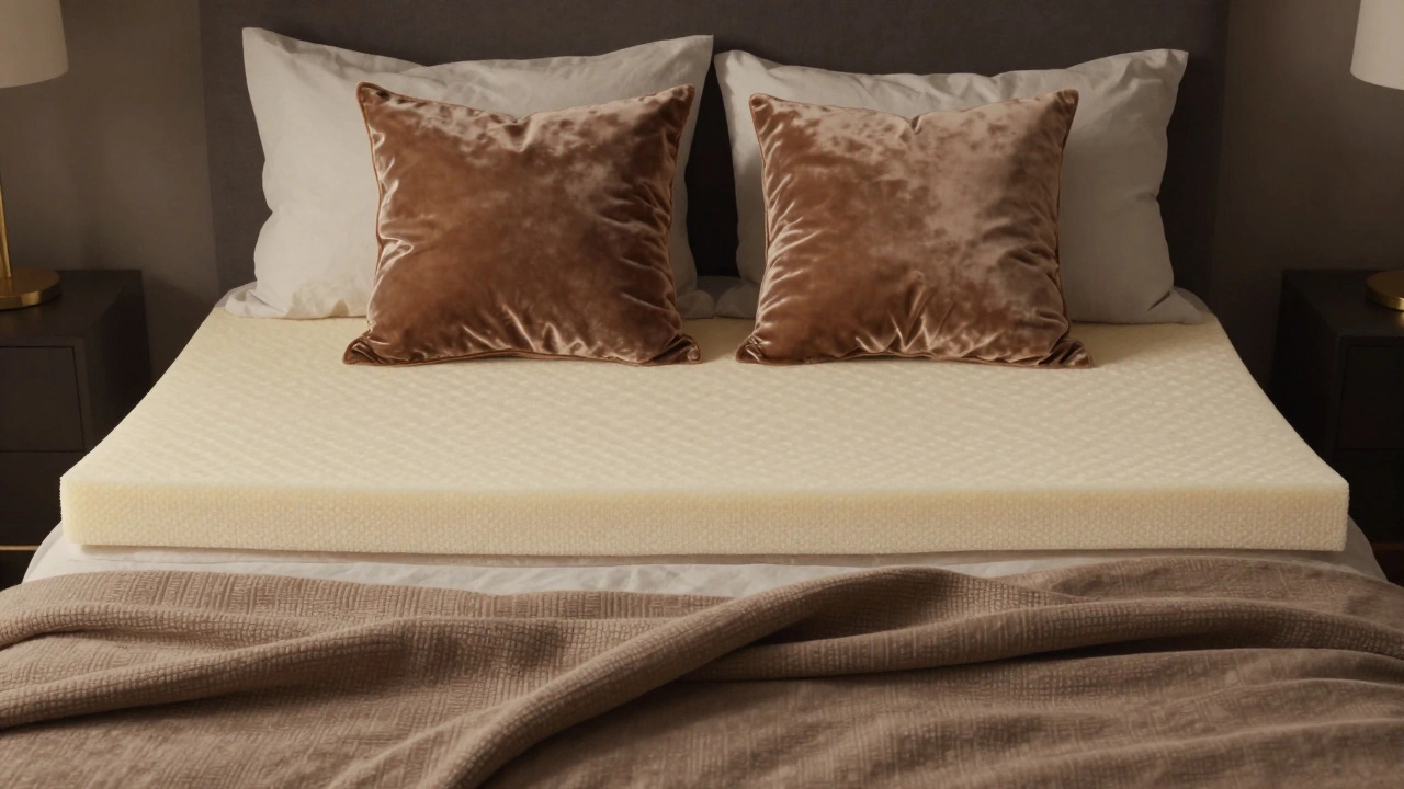 Layered sleep system with memory foam topper, down duvet, and decorative pillows.