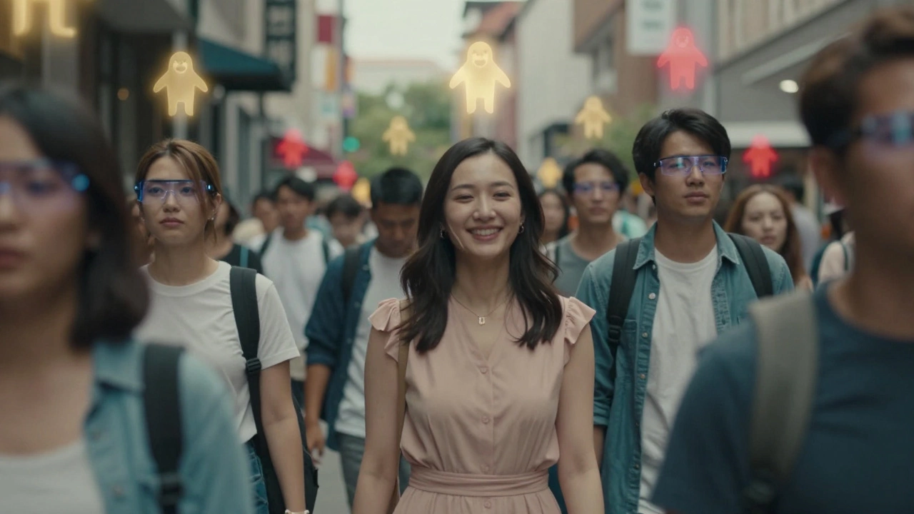 People walk through a city with floating social scores above their heads, some glowing gold, others red and fading.