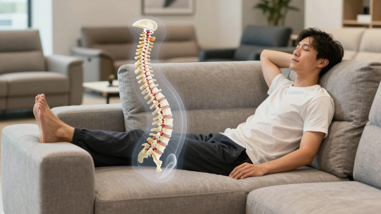 Person testing a sofa in a showroom, spinal alignment overlay showing proper support for back health.
