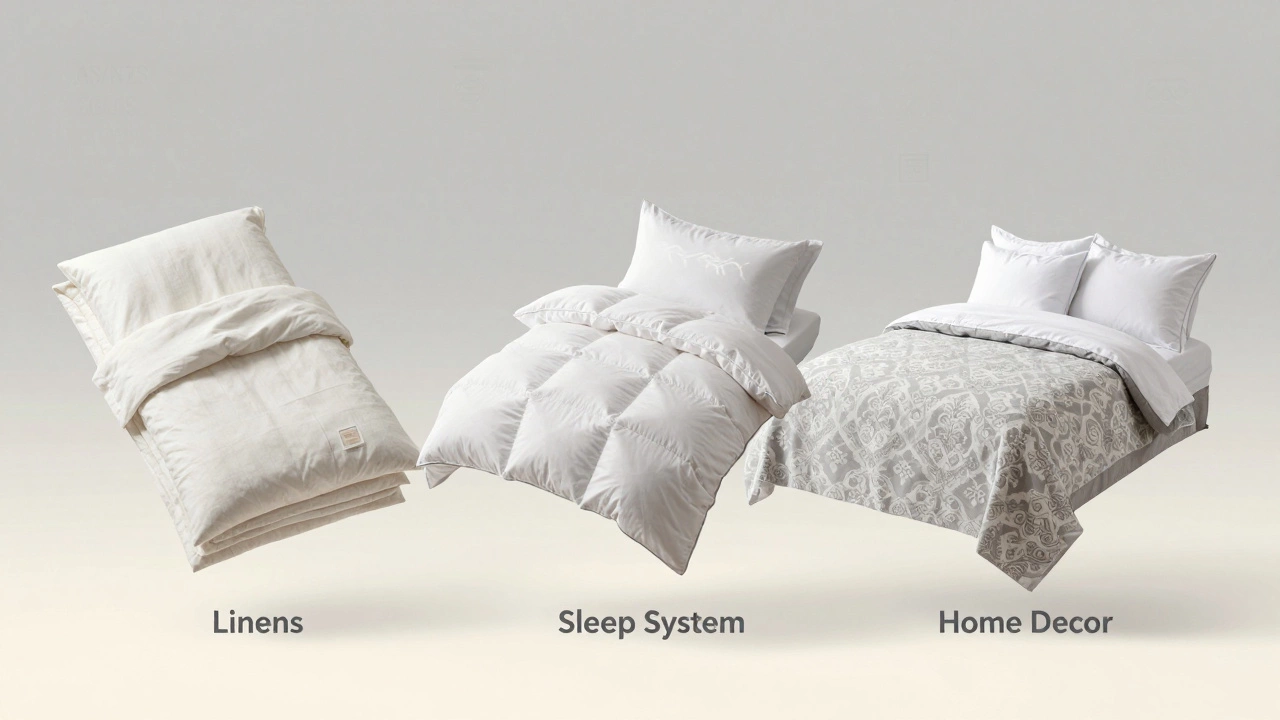 Three bedding categories floating as symbolic elements with texture and labels.