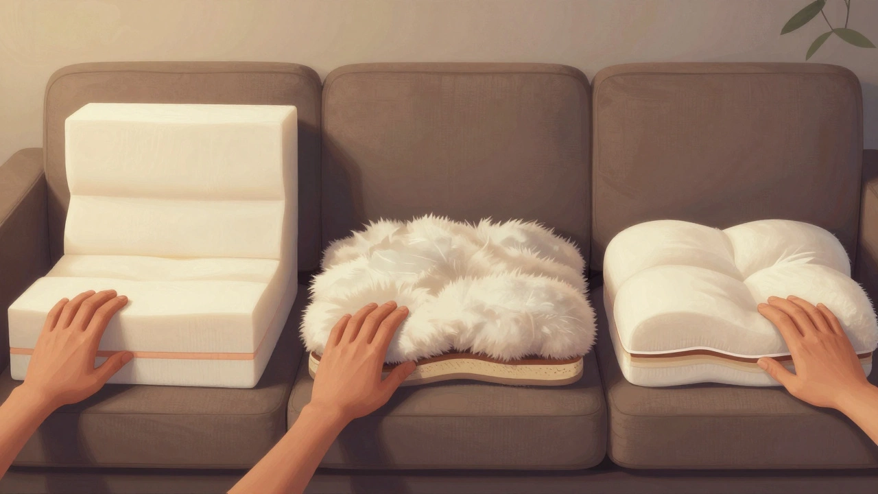 Three sofa cushion types shown side by side with cross-sections revealing foam, down, and hybrid layers.