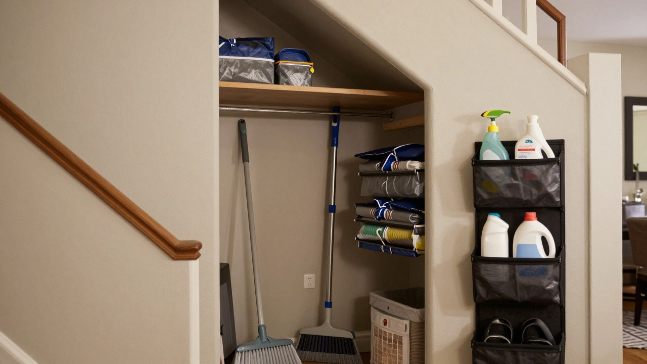 Under-stair storage with pull-out drawers and over-door organizers for cleaning supplies.