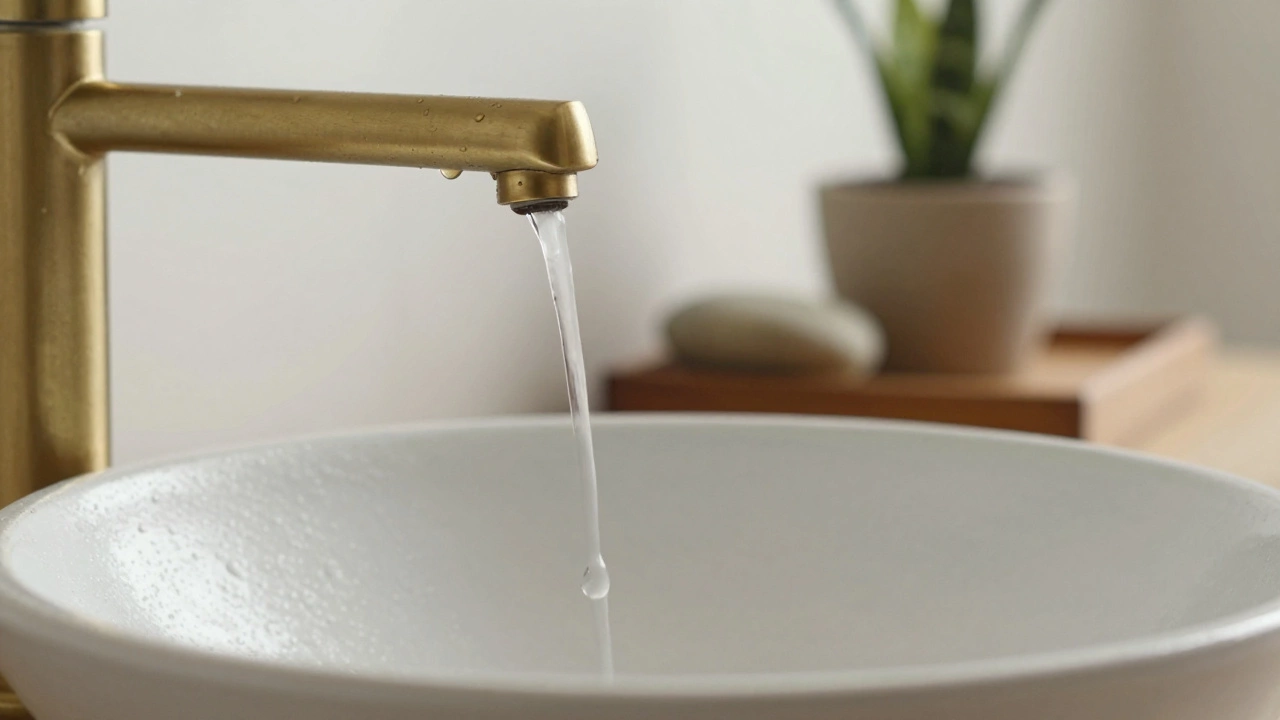 Water droplet falling into a ceramic basin with a stone and plant nearby, bathed in calm, diffused light.