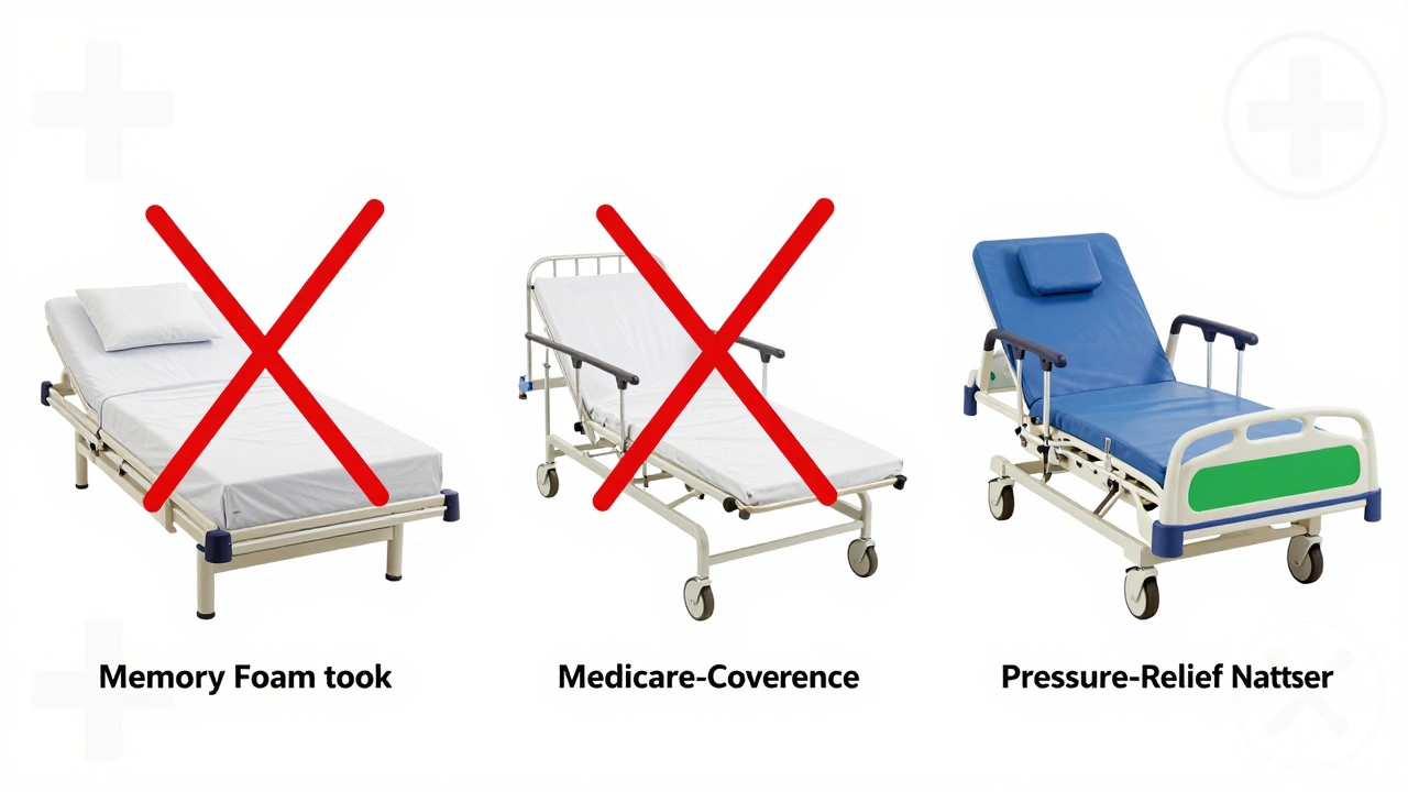 Comparison of non-covered beds versus a Medicare-approved hospital bed with medical features highlighted.