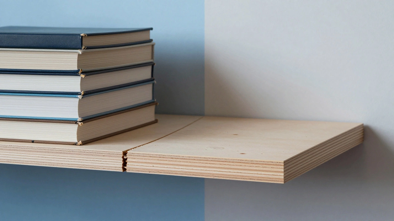 Cross-section: MDF shelf sagging vs. plywood shelf holding weight, no text.