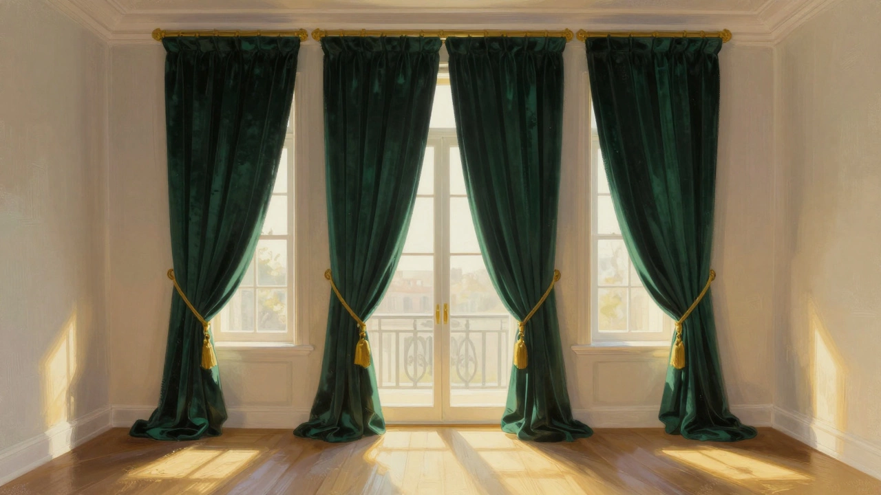 Emerald velvet curtains with gold tiebacks pooling slightly on the floor beside a large window.