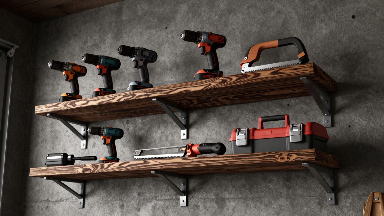 Hickory garage shelf loaded with power tools, steel brackets, industrial lighting.