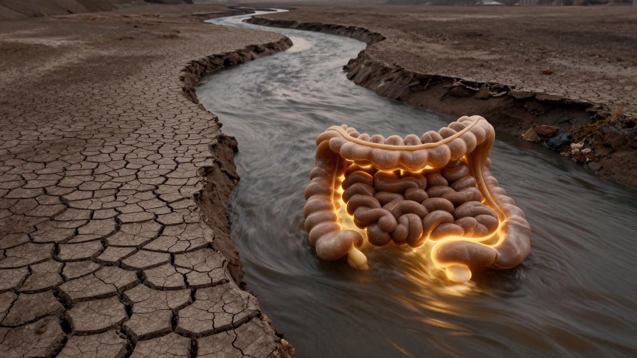 Human gut depicted as a river with dry and flowing sections