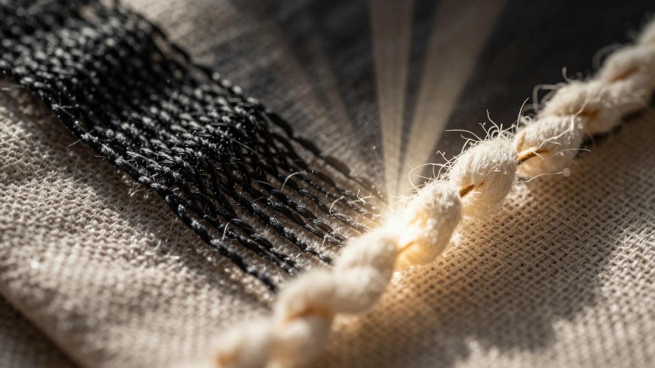 Microscopic view of black and beige fabric threads under sunlight, showing light absorption versus reflection.