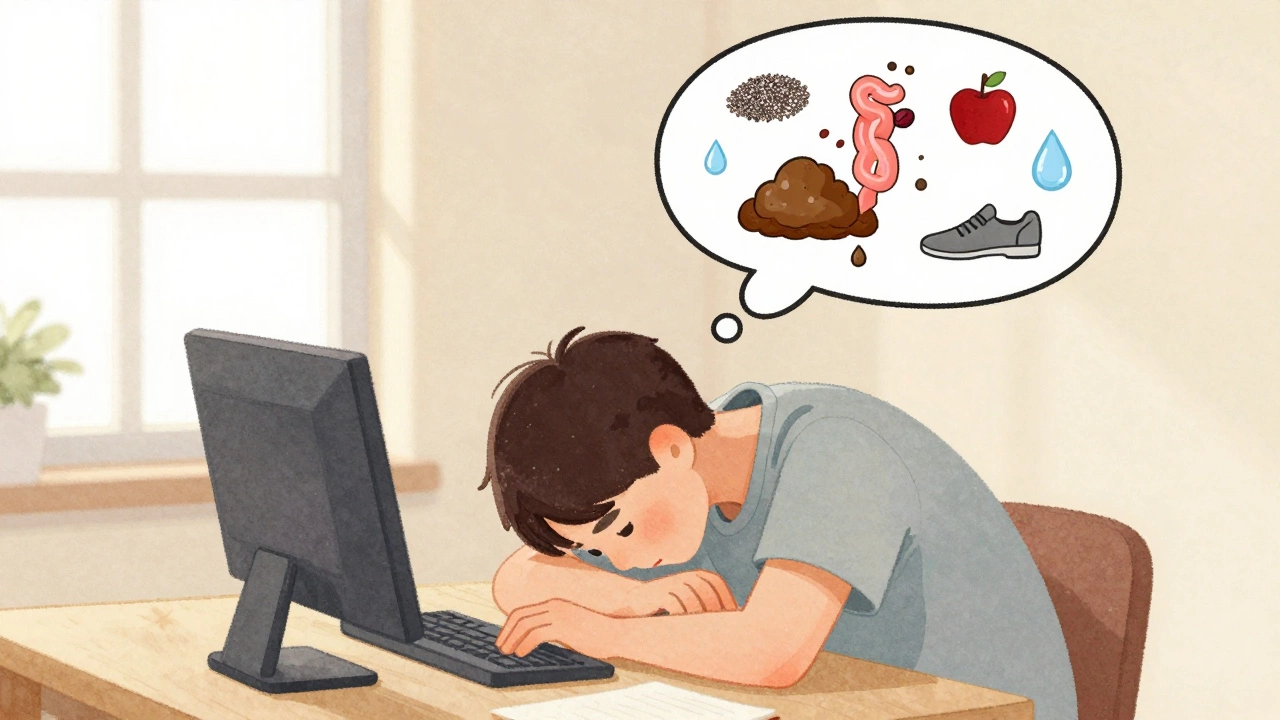 Person at desk with thought bubble showing colon and healthy habits