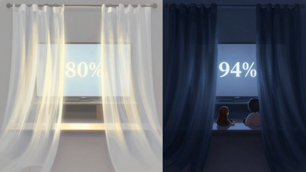 Side-by-side comparison of white curtains letting in glare versus navy curtains creating a dark, comfortable media room.