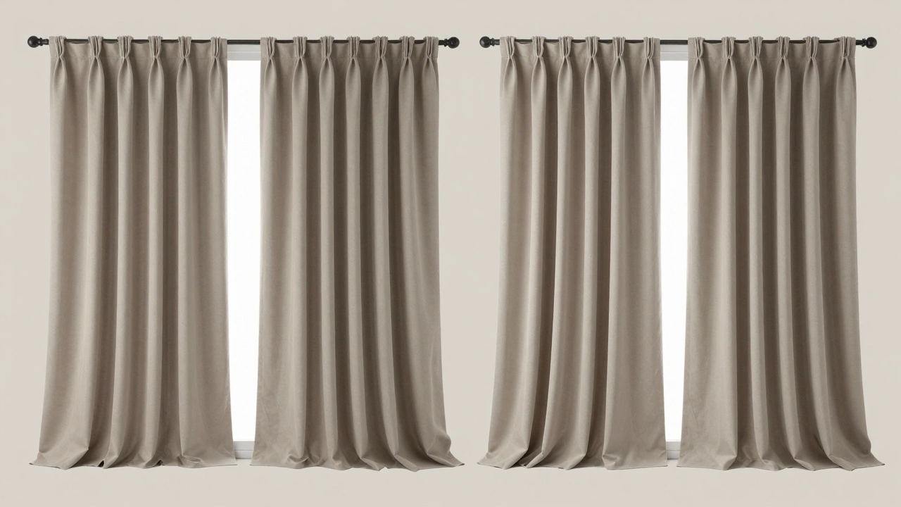 Side-by-side comparison: tight curtains vs. full, flowing curtains over the same window.