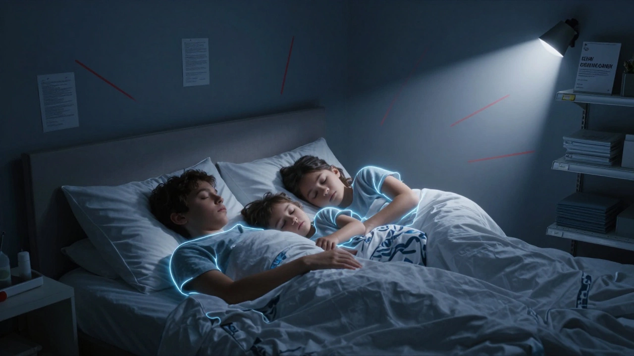 Sleeping family with invisible safety glow, while unlabeled cheap sheets glow with warning in background.