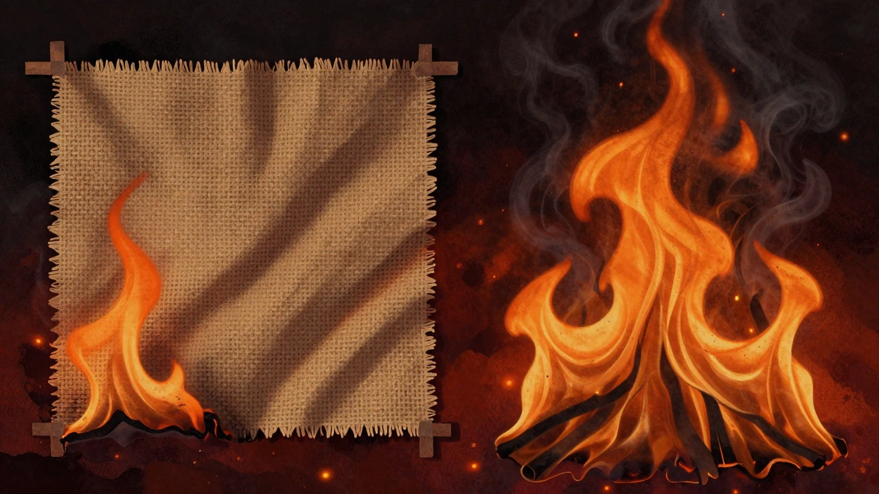 Two fabric swatches: one smoldering slowly, the other burning rapidly in contrasting flames.