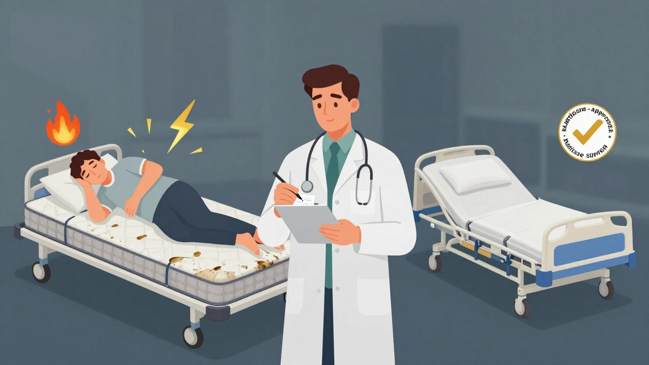 Visual journey from pain and discomfort to receiving a medically necessary hospital bed with doctor and supplier support.