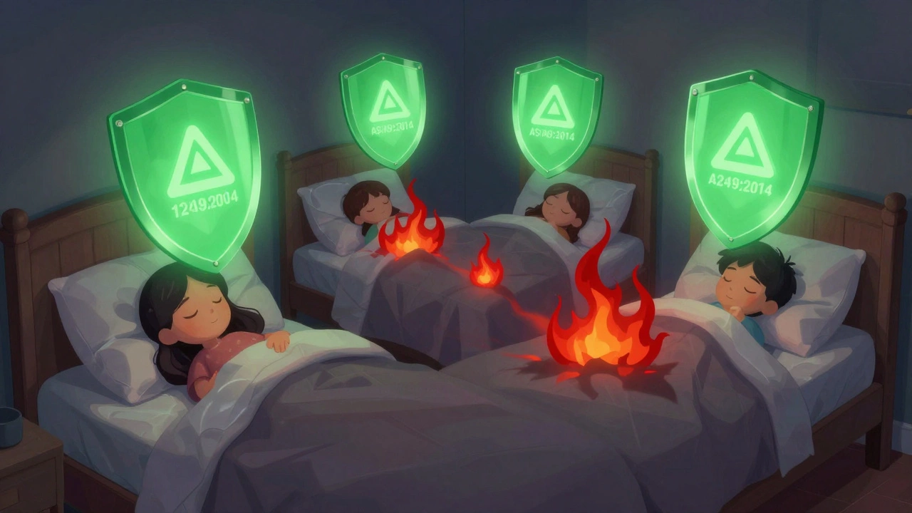 A family sleeping safely under glowing safety shields marked with the Class S compliance symbol.