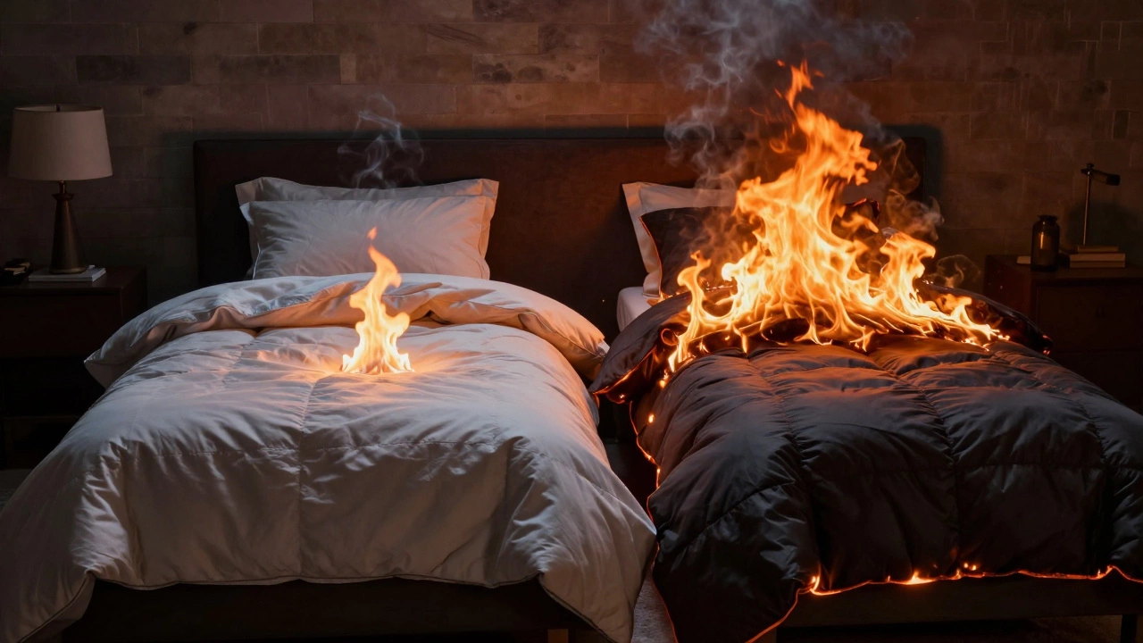 A fire spreading slowly on compliant bedding versus rapidly on non-compliant bedding in a bedroom at night.