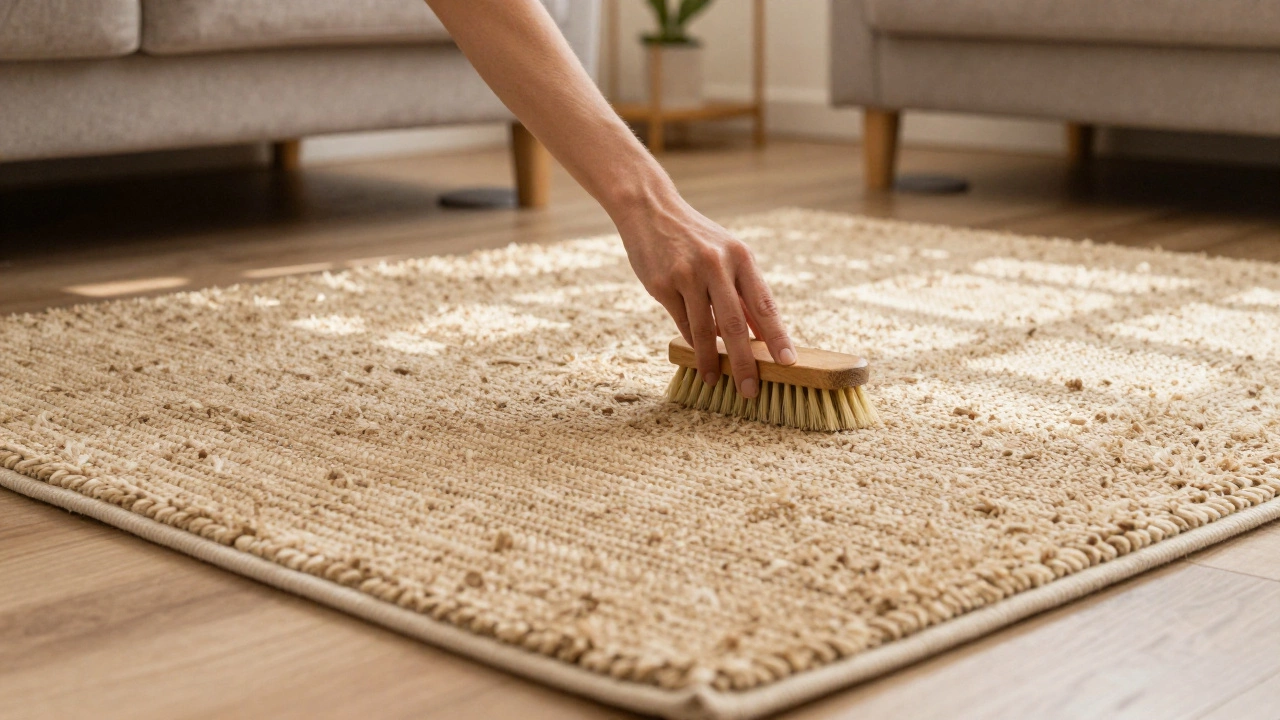 A person brushing a rug's pile with a stiff brush, felt pads visible under furniture legs, sunlight highlighting the rug's texture.