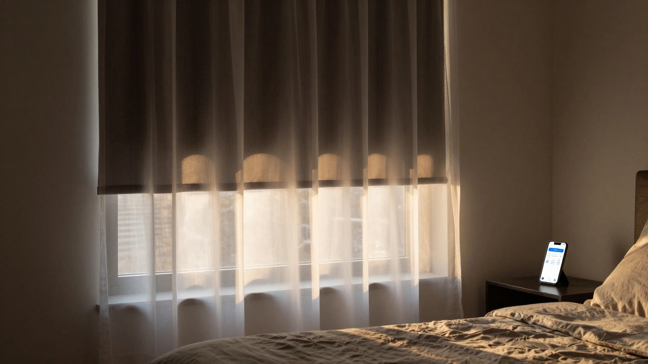 Bedroom with sheer panel and motorized blackout shade working together to control morning light.