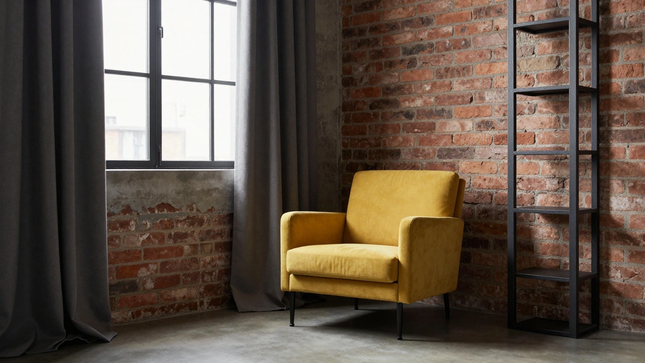 Charcoal gray curtains frame a mustard yellow armchair in a brick-walled loft, balancing bold color and architecture.