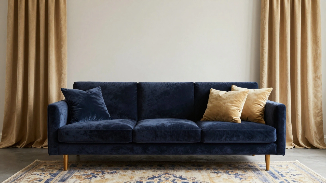 Muted gold curtains complement a navy velvet sofa, tying together neutral walls and a textured rug in a layered living room.