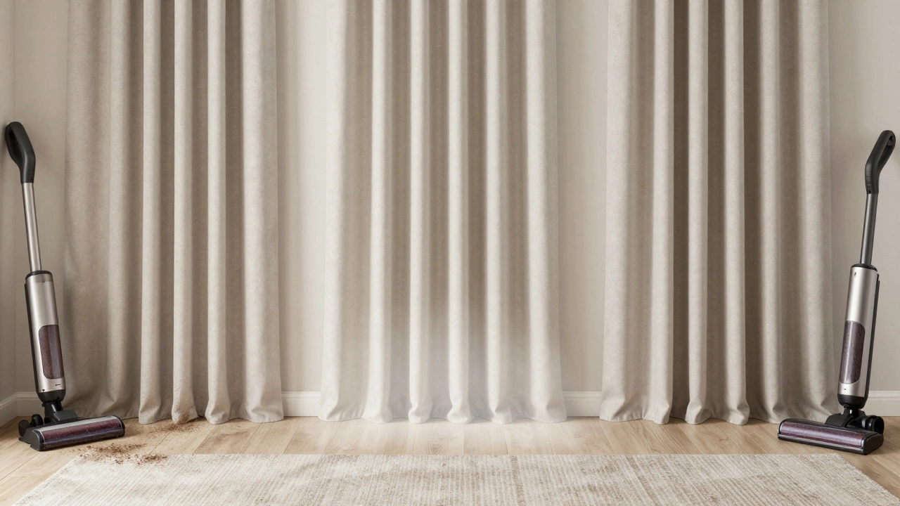 Side-by-side comparison of curtain lengths showing drag, ideal clearance, and pooling.