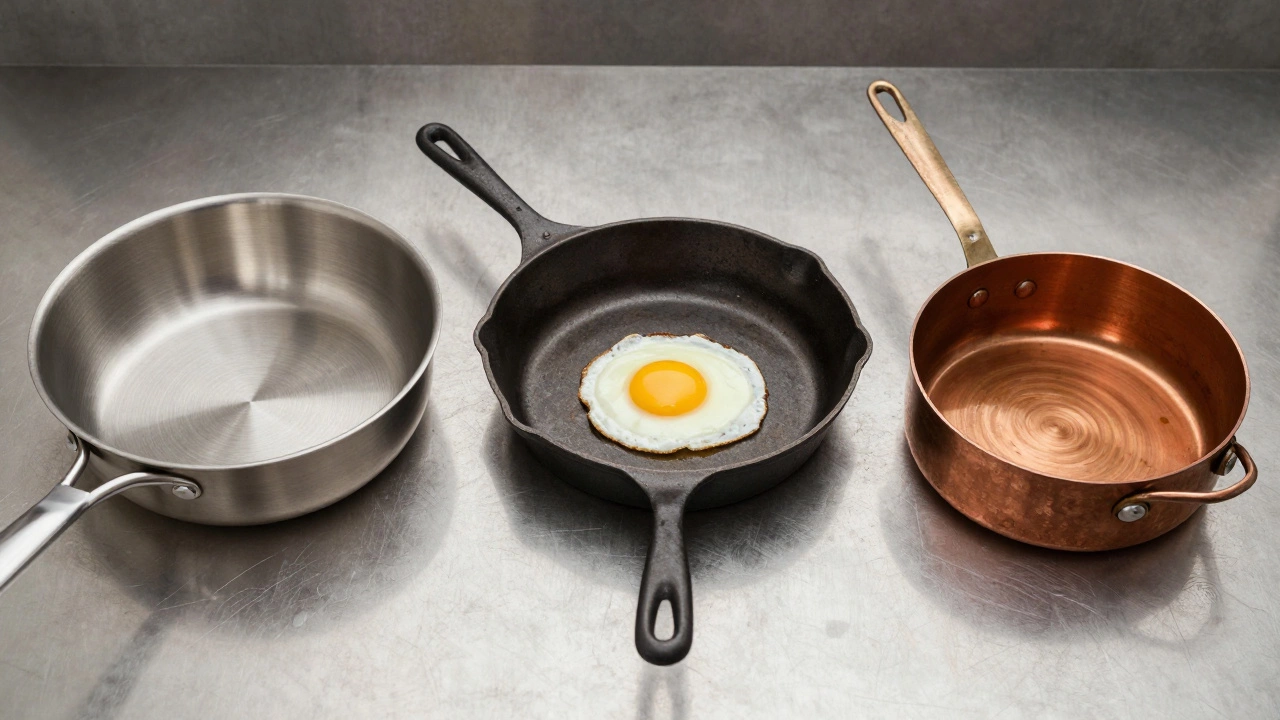 Side-by-side of professional cookware: stainless steel, cast iron, hard-anodized, and copper pans with visible use.