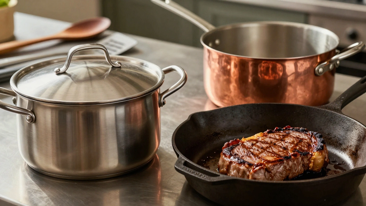 Three essential cookware pieces: stainless steel stockpot, cast iron skillet, and copper saucepan on a kitchen counter.