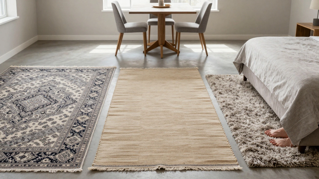 Three types of rugs in home settings: hand-knotted, flat-weave, and shag, each in natural light.