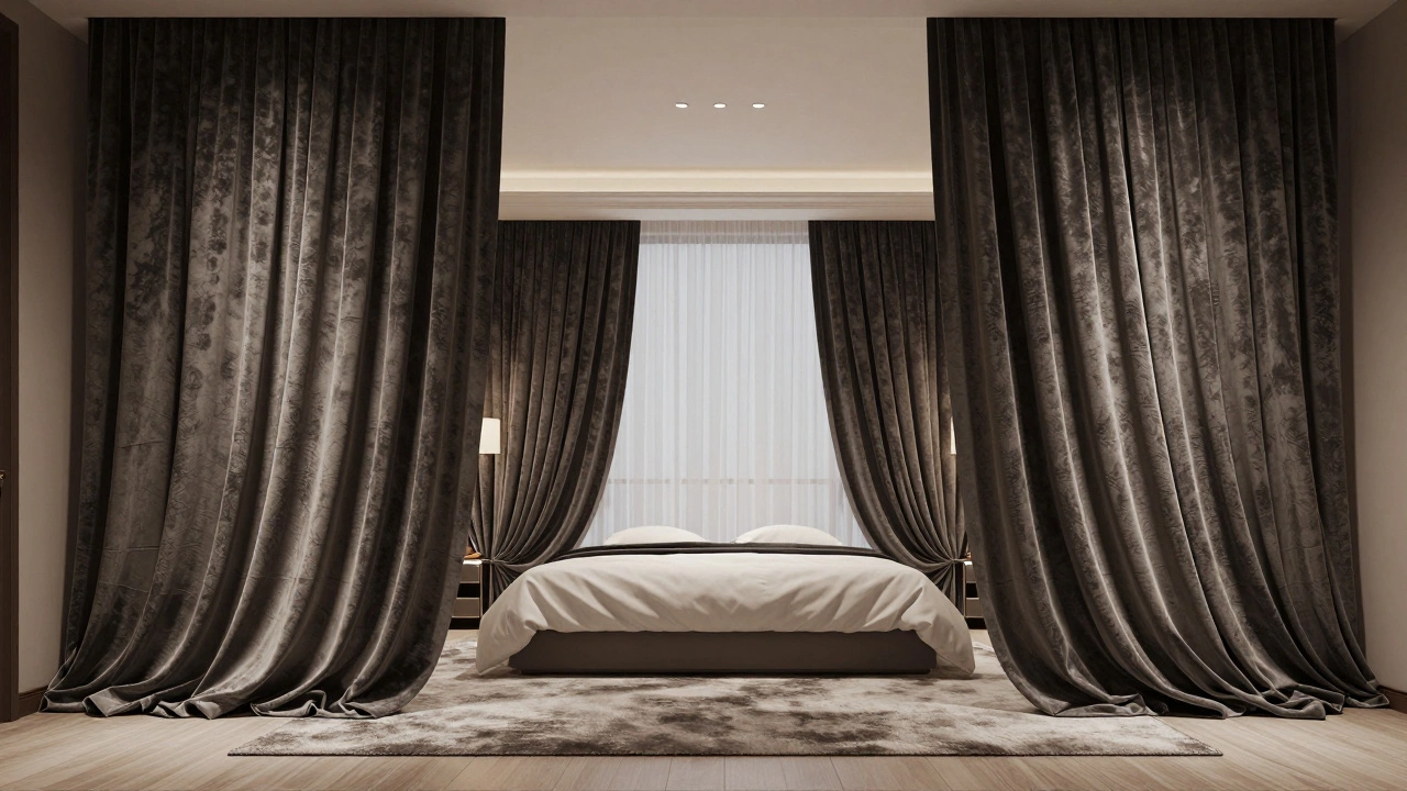 Velvet curtains softly pooling 2 inches over a rug in a luxurious bedroom.