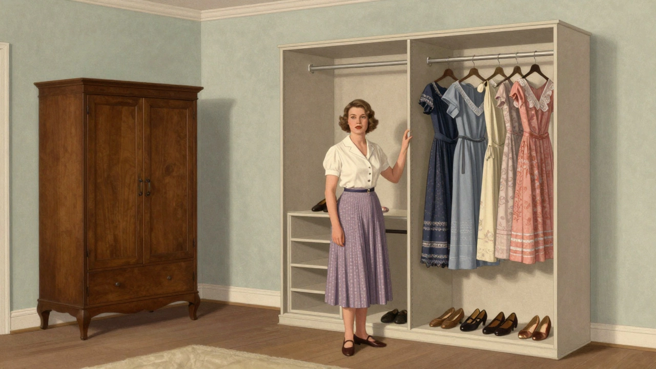 A 1920s woman beside a modern walk-in closet, with an old armoire in the background.