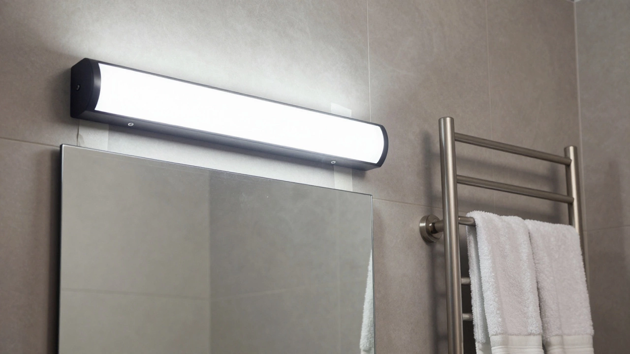 A modern bathroom mirror lit by an LED light bar, with a heated towel rail warming towels nearby.