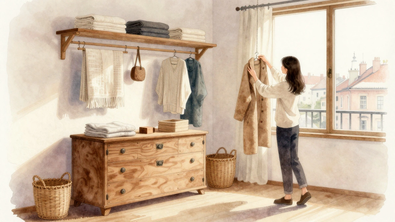 A person airing a coat by a window beside a traditional wooden chest and hanging rods.