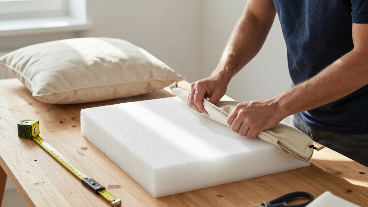 A person replacing a couch cushion insert by slipping a new foam core into the old cover.