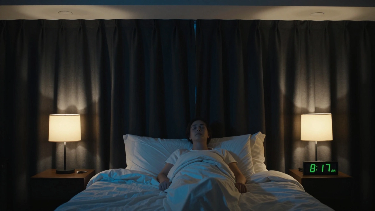 A person sitting up in bed surrounded by artificial lights, while blackout curtains block all natural morning sunlight.