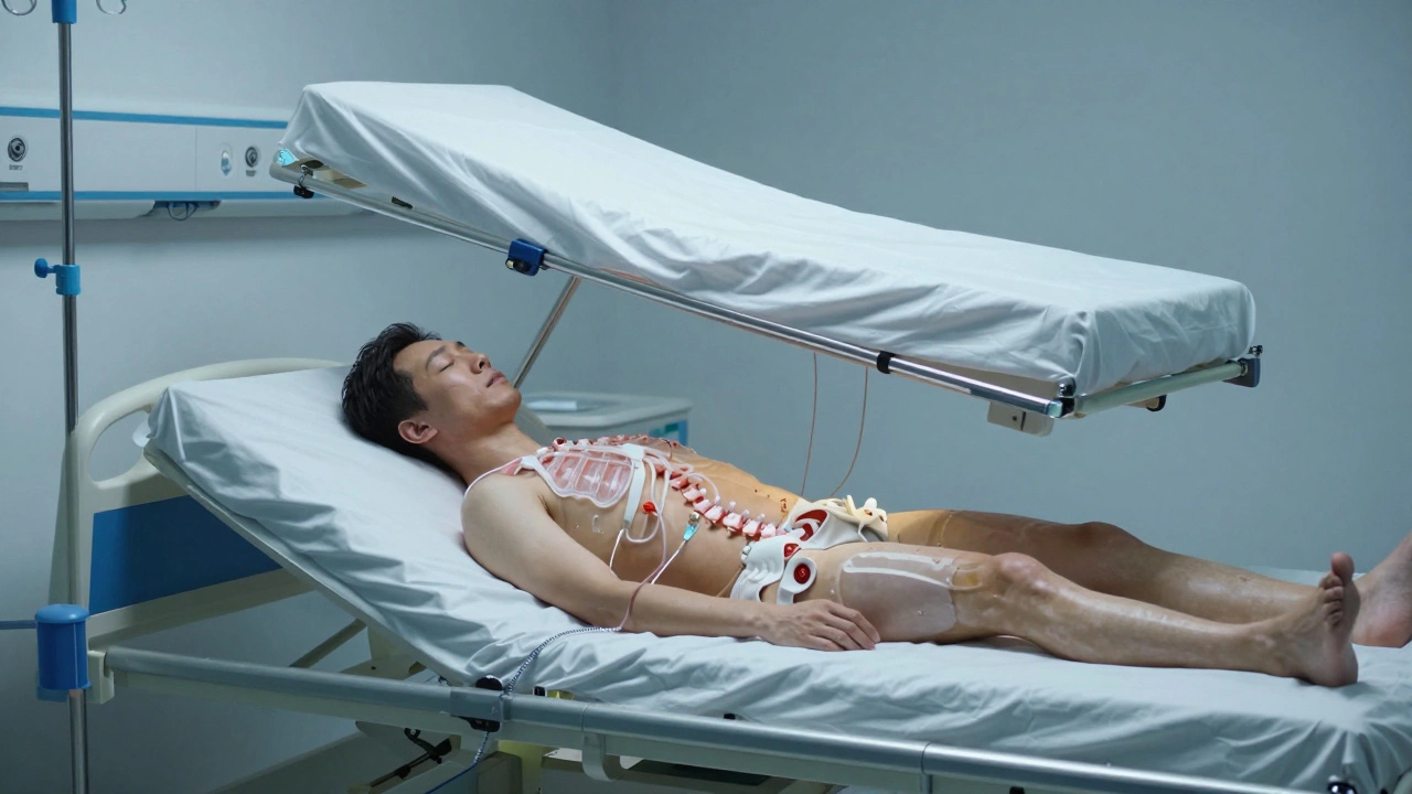 A post-surgical patient on a stable bed, with an adjustable bed section hovering above them menacingly.