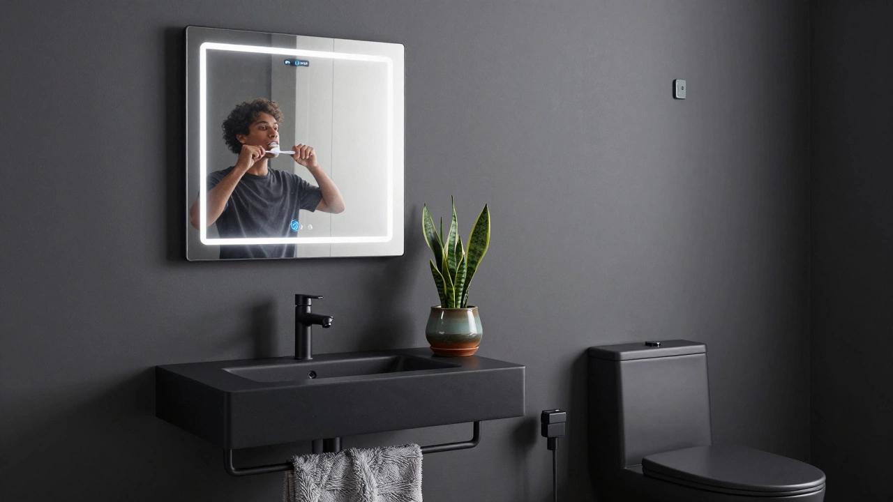 A smart mirror reflecting a person in a bathroom with a non-slip rug, plant, and bidet attachment.